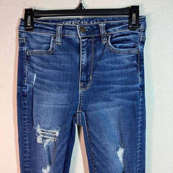 American Eagle Womens Blue Denim Jeans Super Stretch Skinny Distressed‎ Size 0R - Picture 2 of 7